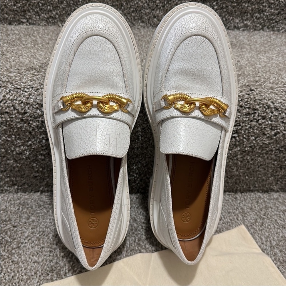 Tory Burch Jessa Lug Sole White Cracked Leather, NWT